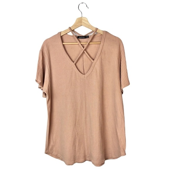 BooHoo Light Blush Pink Cross Front Strap Ribbed Short Sleeve T-Shirt 14 - Picture 4 of 6